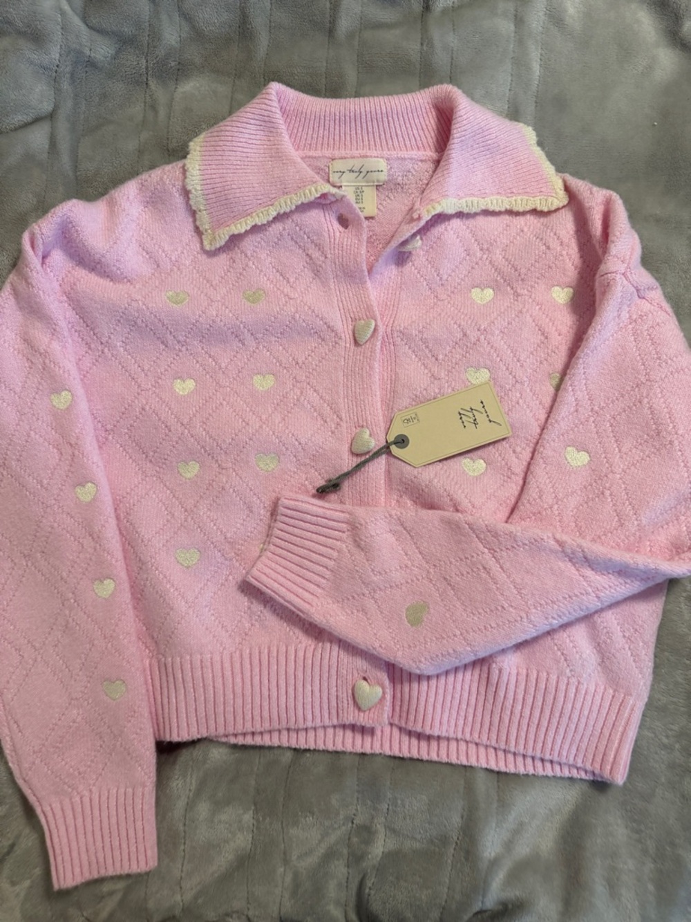 Sweetheart Pink Heart-Patterned Cardigan Sweater